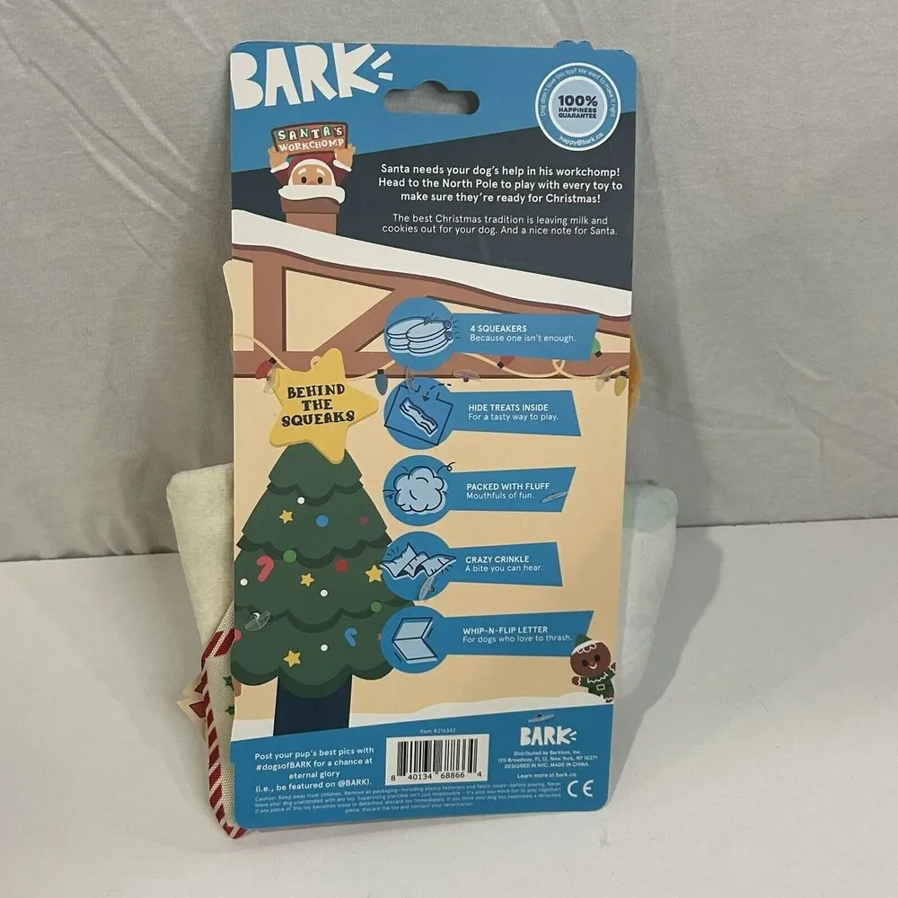 Bark Santas Workchomp Dog Toy 0-20 lbs Hide Treats Squeak Crinkle XS-S NWT